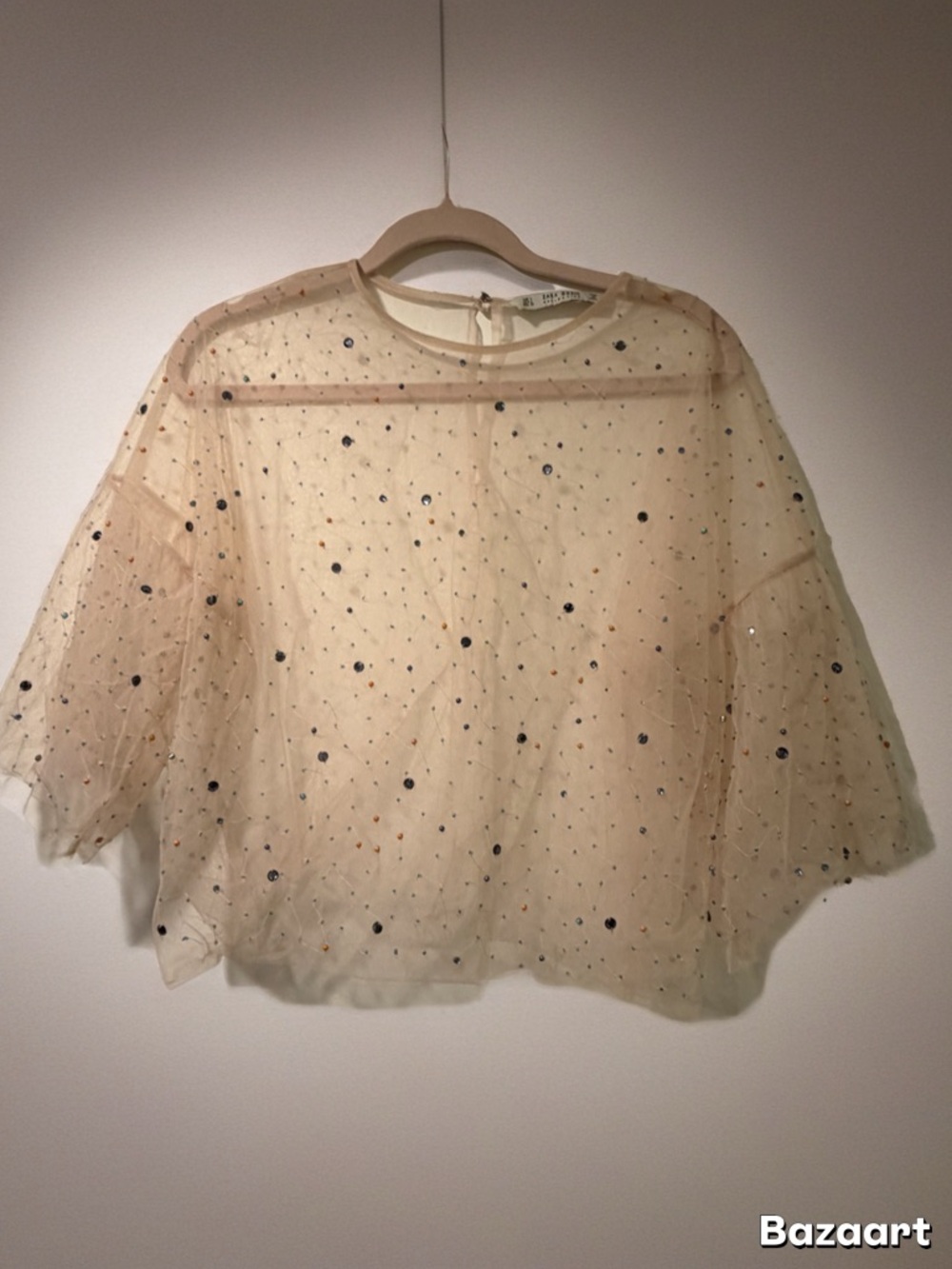 Zara Tulle Blouse featuring multi-colored jewel and bead appliqués. Size L - Picture 9 of 10